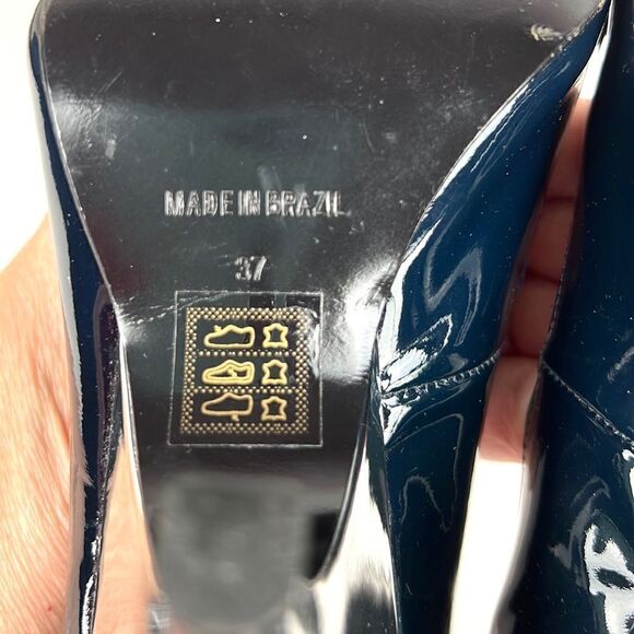 Karen Millen Dark Blue Patent  Mirror Silver Open Toe Heels / Wedge US 6 - Picture 11 of 16